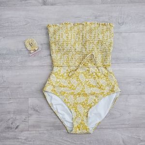 LOFT Beach Smocked Strapless Paisley Yello White One Piece Swimsuit